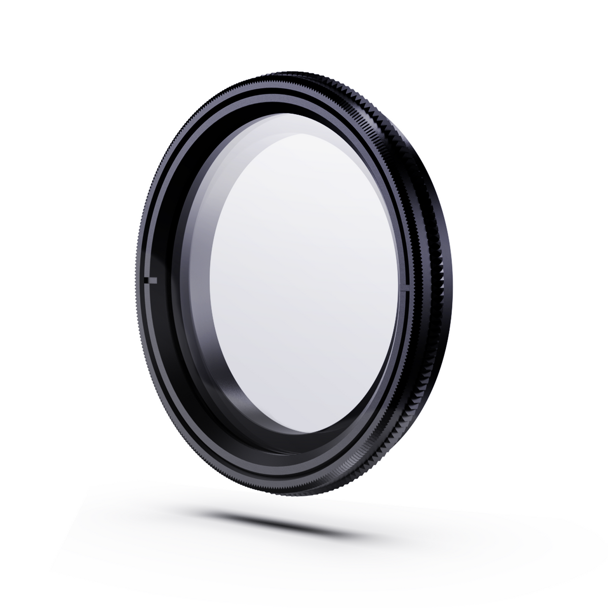 Filtre polarisant CPL Vantrue : filtre circulaire à monture noire et verre clair, vu de trois quarts