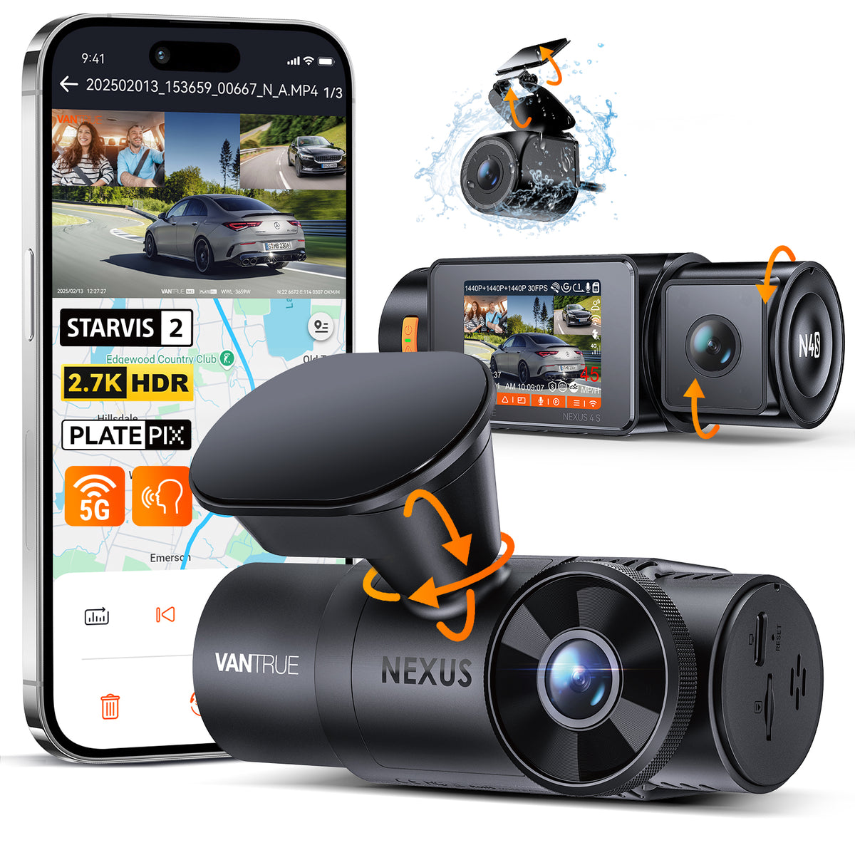 Nexus 4S : dashcam avec écran et caméra arrière étanche, à côté d'un téléphone affichant l'application