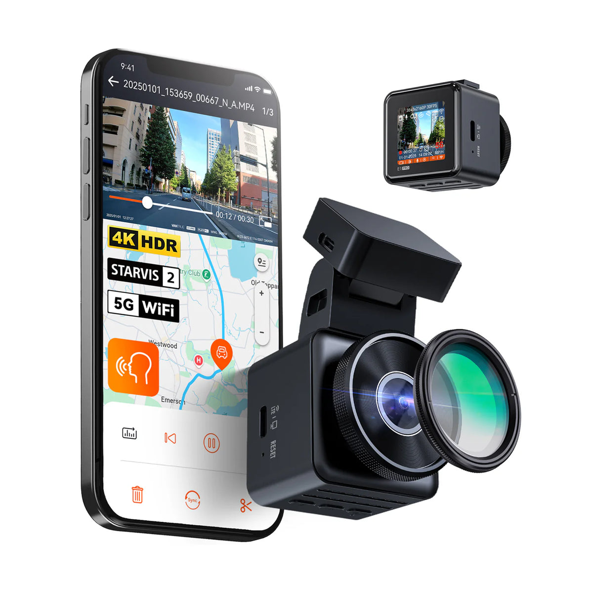 Element 1 Pro : mini dashcam avec filtre polarisant, à côté d'un téléphone affichant l'application Vantrue