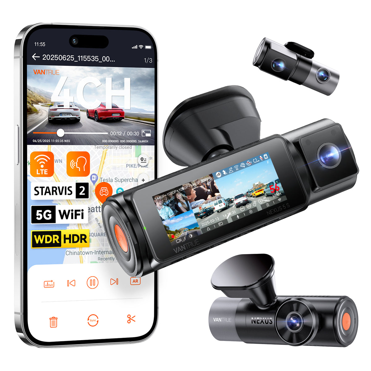 Nexus 5S : dashcam avec écran et deux caméras additionnelles, téléphone affichant une vidéo 4 canaux