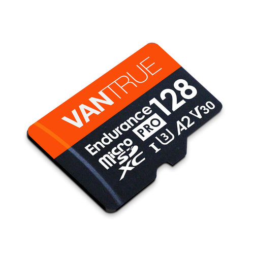 Carte microSD Vantrue Endurance PRO 128 Go, classe U3, A2, V30, vue de trois quarts sur fond blanc
