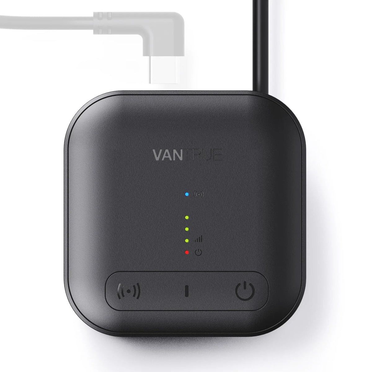 Module 4G LTE Vantrue : boîtier noir avec antenne et voyants, vue de face, câble USB-C coudé