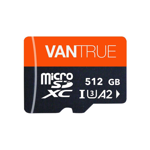 Carte microSD Vantrue 512 Go à bandeau orange et noir, classe U3 et A2, vue de face sur fond blanc