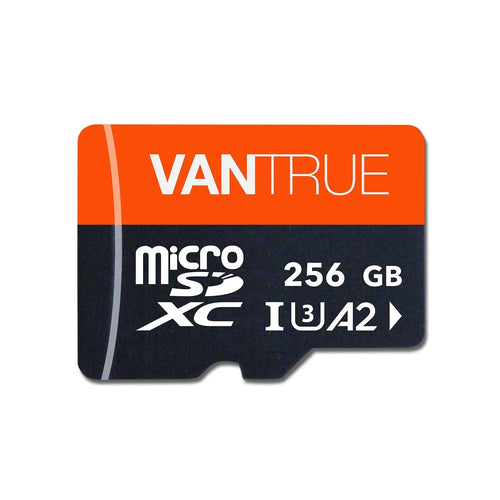 Carte microSD Vantrue 256 Go à bandeau orange et noir, classe U3 et A2, vue de face sur fond blanc