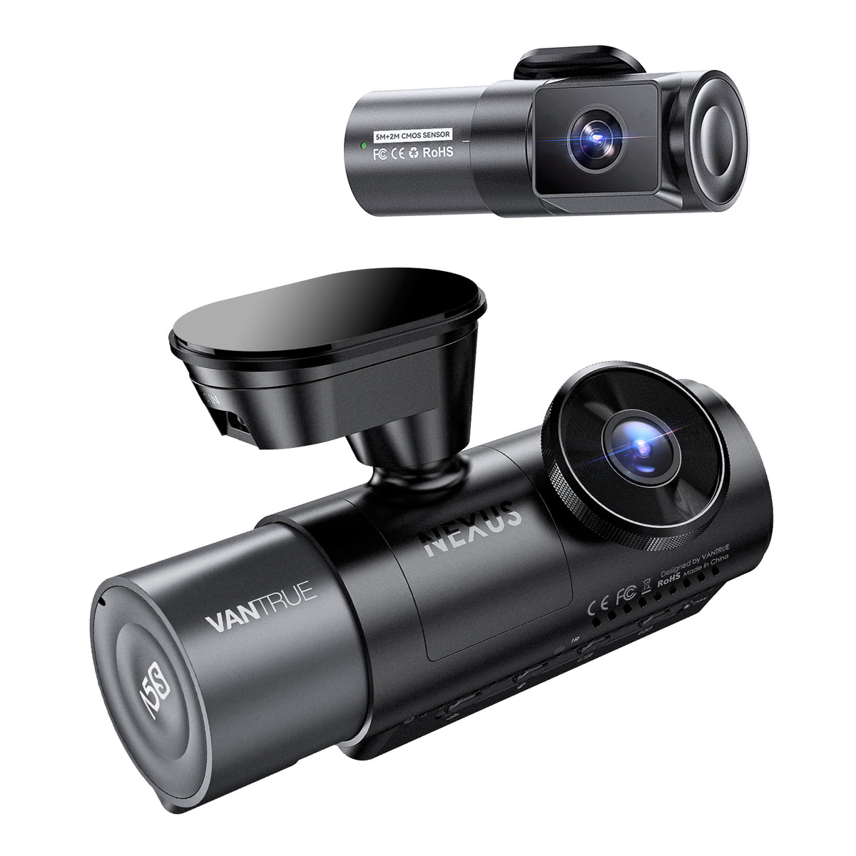 Nexus 5S : dashcam avant Nexus avec son support adhésif et sa caméra arrière, sur fond blanc