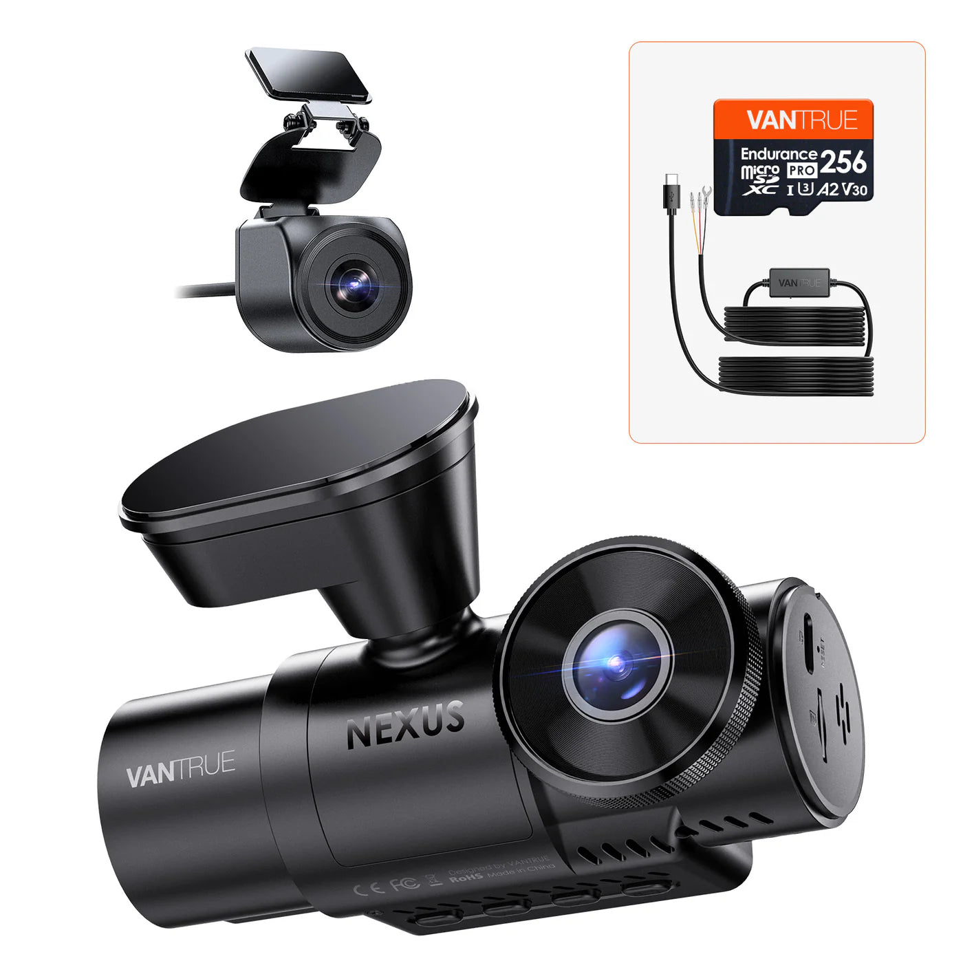 Pack dashcam Vantrue Nexus 4S avec caméra arrière, kit de câblage VP03 et carte microSD 256 Go