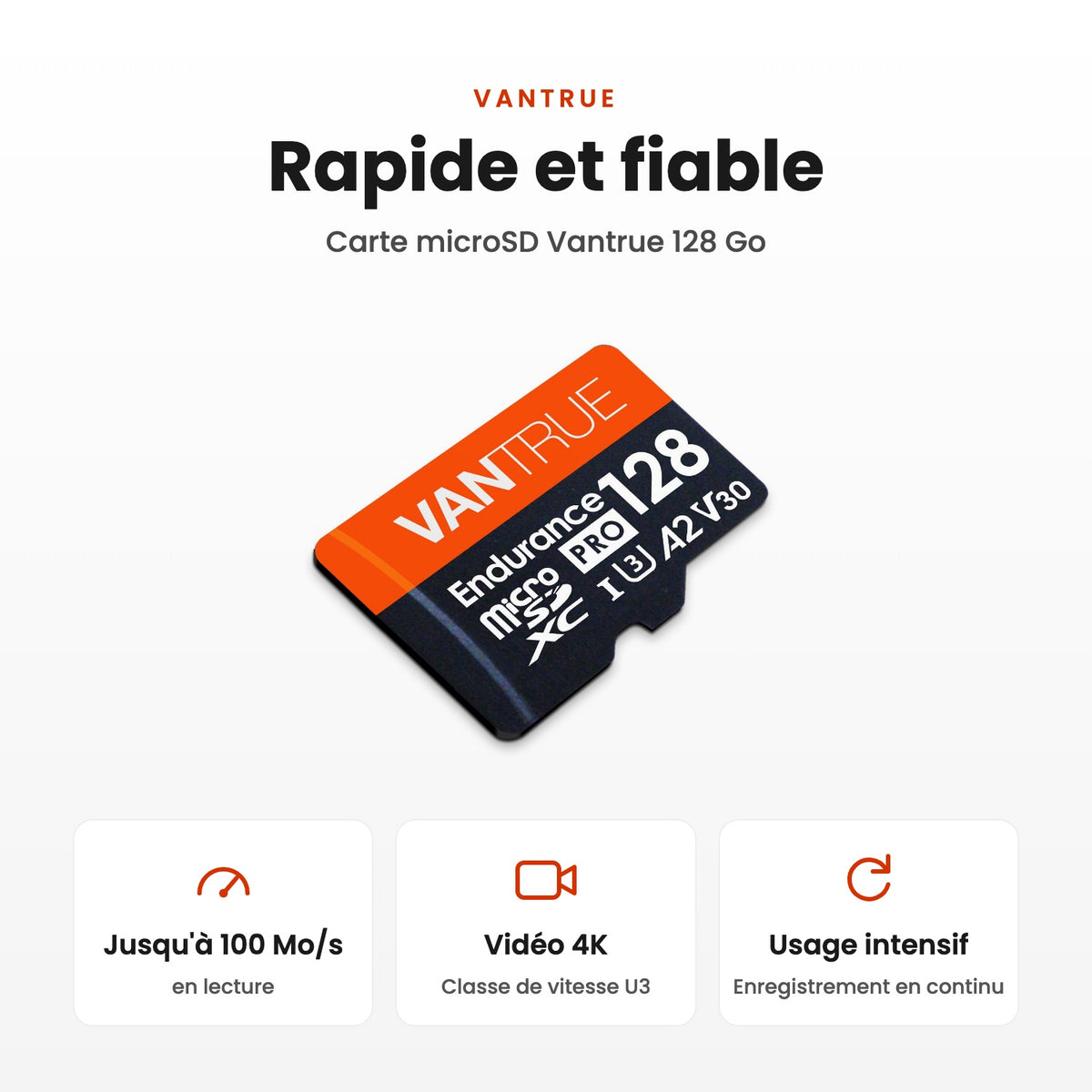 Carte microSD Vantrue 128 Go : rapide et fiable, lecture jusqu'à 100 Mo/s, vidéo 4K classe U3, enregistrement en continu