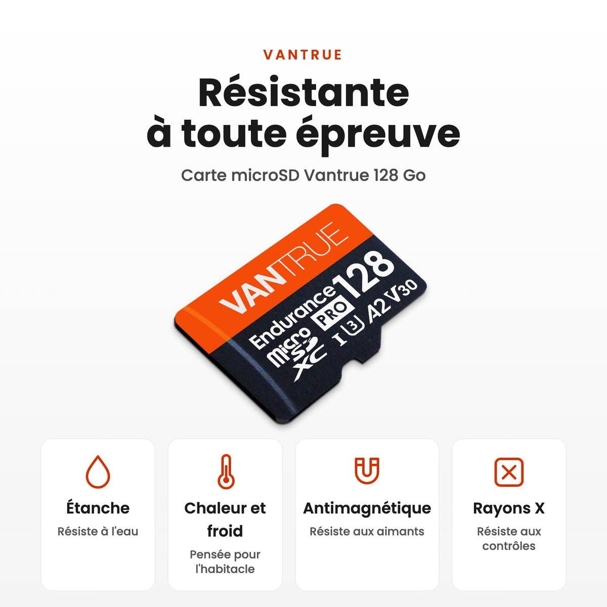 Carte microSD Vantrue 128 Go : résistante à l'eau, à la chaleur et au froid, aux aimants et aux rayons X