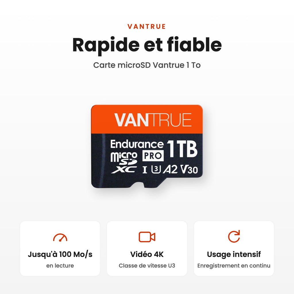 Carte microSD Vantrue 1 To : rapide et fiable, lecture jusqu'à 100 Mo/s, vidéo 4K classe U3, enregistrement en continu