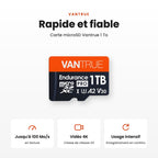Carte microSD Vantrue 1 To : rapide et fiable, lecture jusqu'à 100 Mo/s, vidéo 4K classe U3, enregistrement en continu