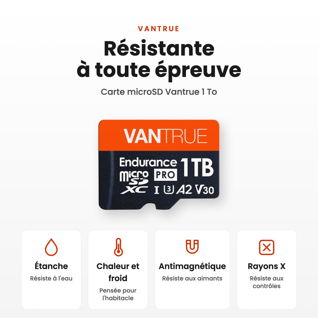 Carte microSD Vantrue 1 To : résistante à l'eau, à la chaleur et au froid, aux aimants et aux rayons X