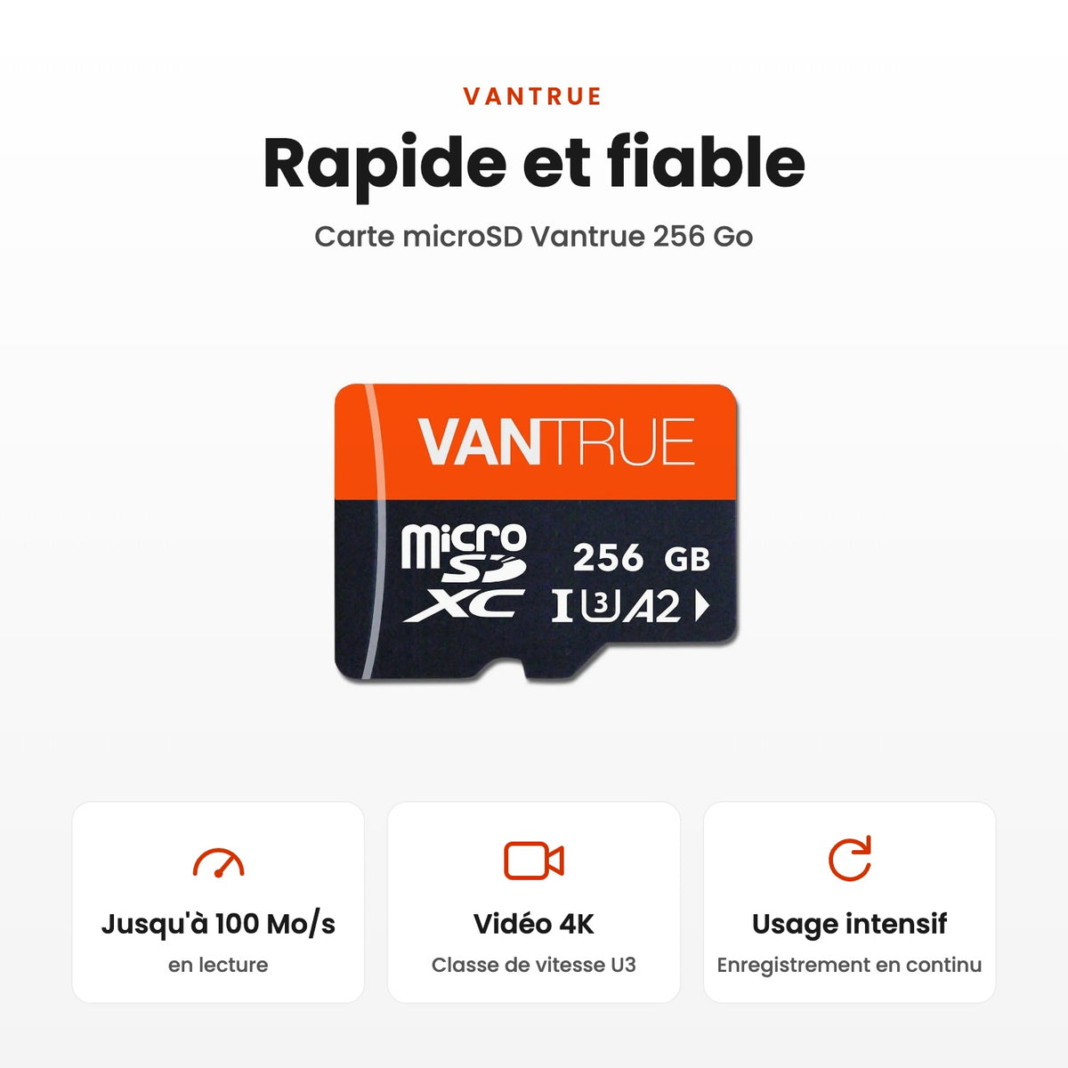 Carte microSD Vantrue 256 Go : rapide et fiable, lecture jusqu'à 100 Mo/s, vidéo 4K classe U3, enregistrement en continu