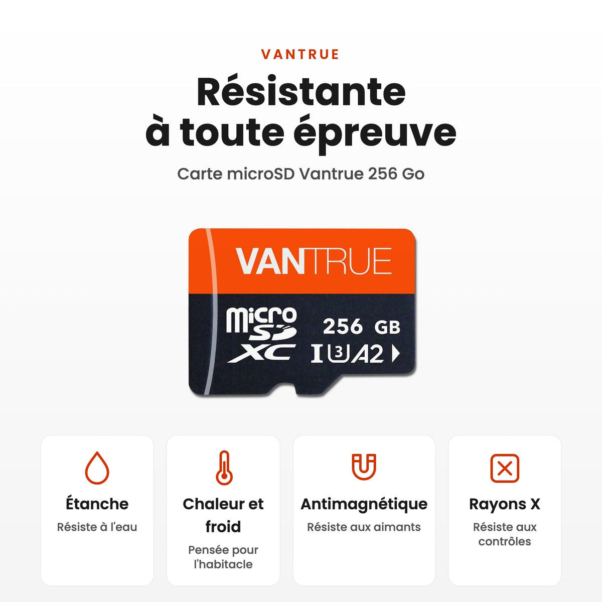 Carte microSD Vantrue 256 Go : résistante à l'eau, à la chaleur et au froid, aux aimants et aux rayons X