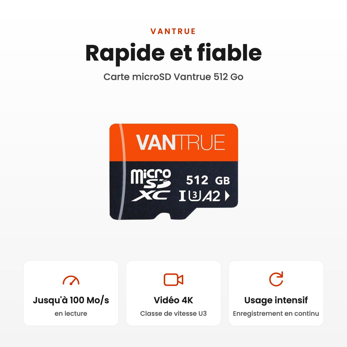 Carte microSD Vantrue 512 Go : rapide et fiable, lecture jusqu'à 100 Mo/s, vidéo 4K classe U3, enregistrement en continu