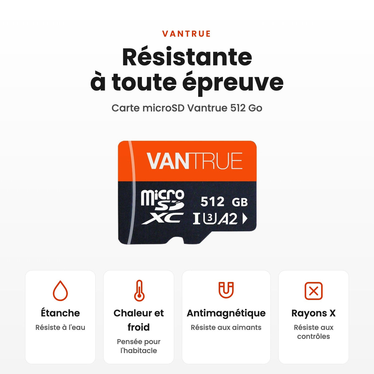 Carte microSD Vantrue 512 Go : résistante à l'eau, à la chaleur et au froid, aux aimants et aux rayons X