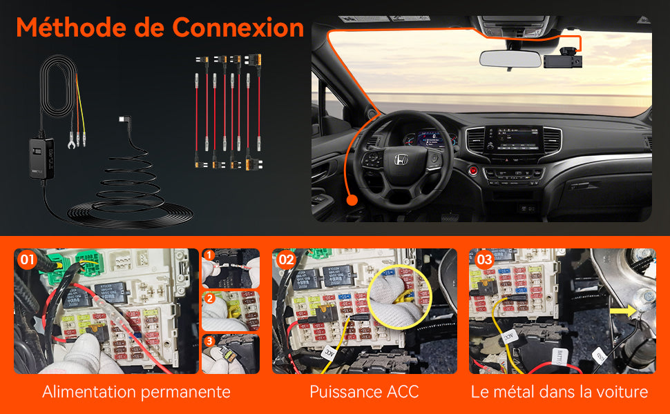 Kit de câblage VP05 : méthode de connexion, alimentation permanente, ACC et masse sur une partie métallique